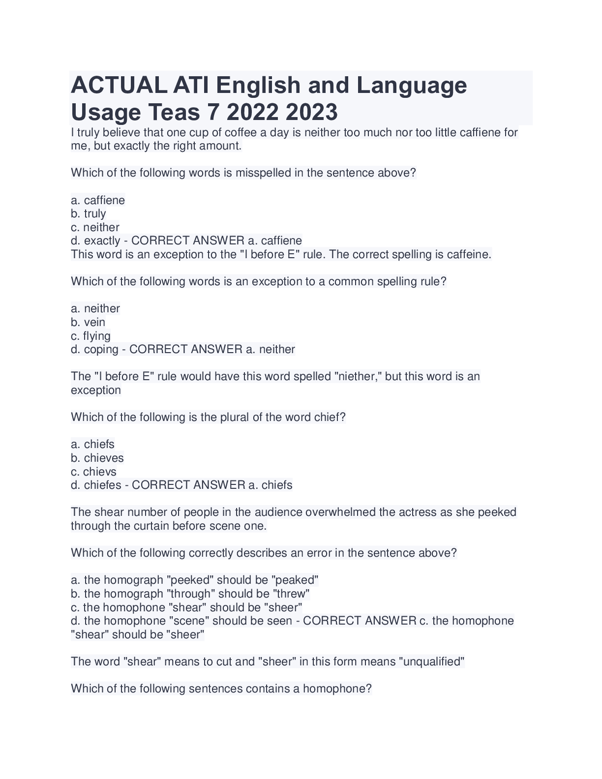 ACTUAL ATI English and Language Usage Teas 7 2022 2023 Browsegrades